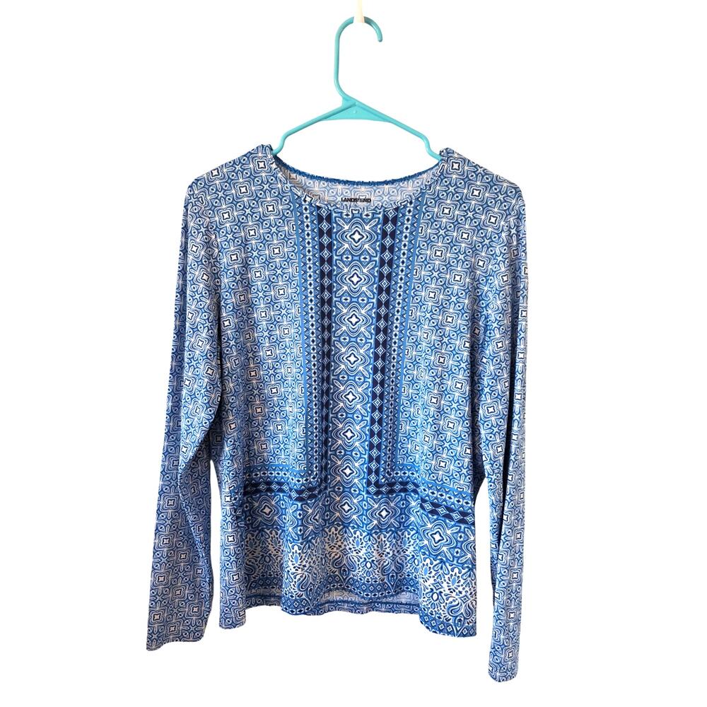Lands End Womens Geometric Print Rash Guard Swim Top Size Large Blue White